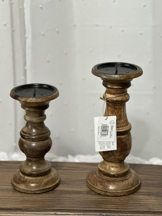 Benjara Wood Candle Set Holder/stand 8” And 10”